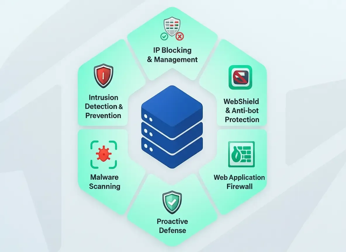 Diagrama Imunify360 detaliază o fortăreață digitală, ilustrând funcții de securitate precum decriptare, curățare, firewall și analiză.