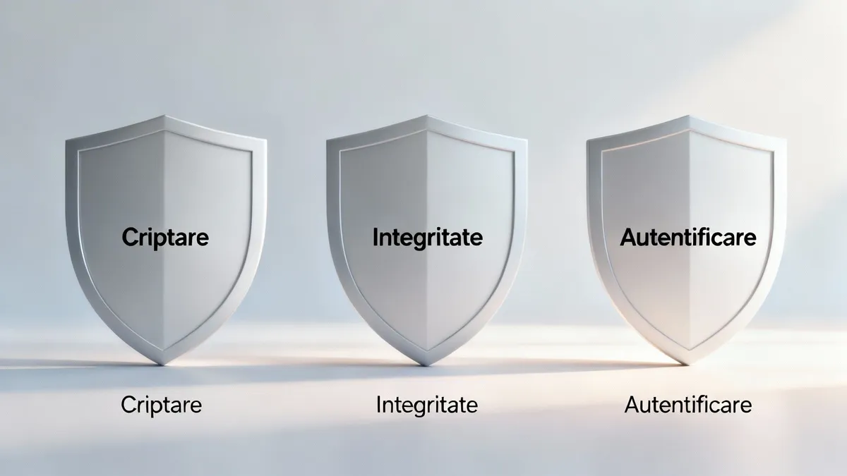 O imagine abstractă cu trei scuturi suprapuse, simbolizând straturile de protecție: criptare, integritate și autentificare.