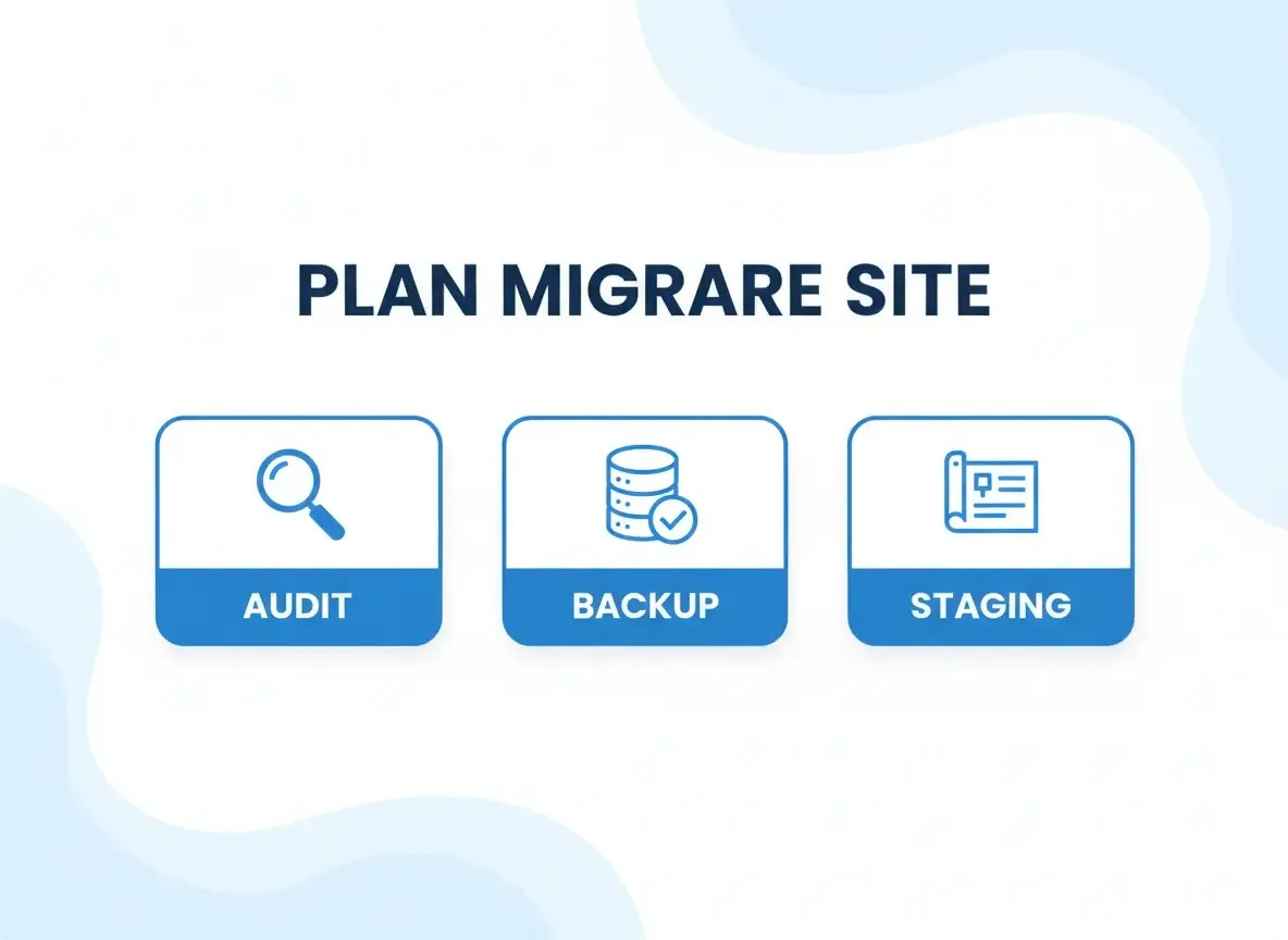 Plan de migrare site cu trei etape: audit, backup și staging ilustrate cu iconițe