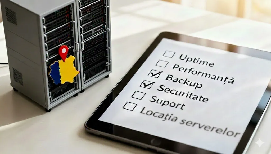Tabletă afișând lista de verificare pentru găzduire web lângă servere de date miniaturale