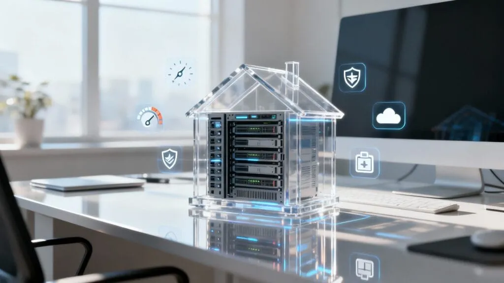 Server acasă cu pictograme de securitate, cloud și monitorizare în birou modern cu fereastră