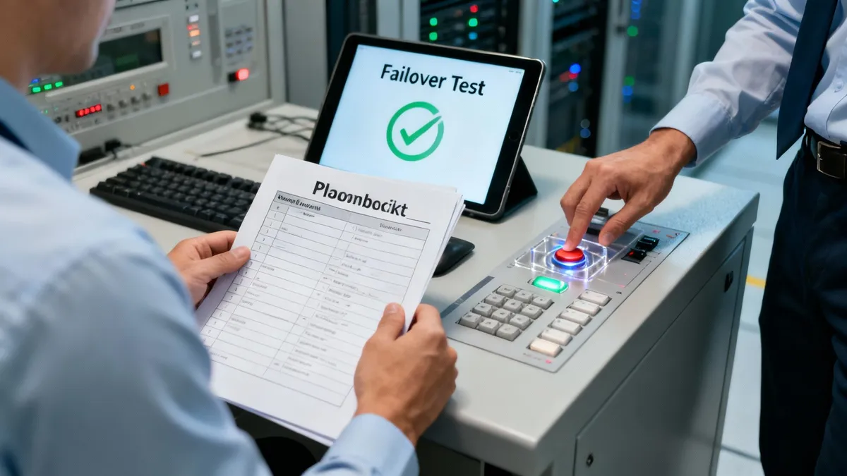 Doi tehnicieni efectuează un test de failover, unul apasă un buton, iar pe tabletă apare mesajul "Failover Test" cu bifă verde.