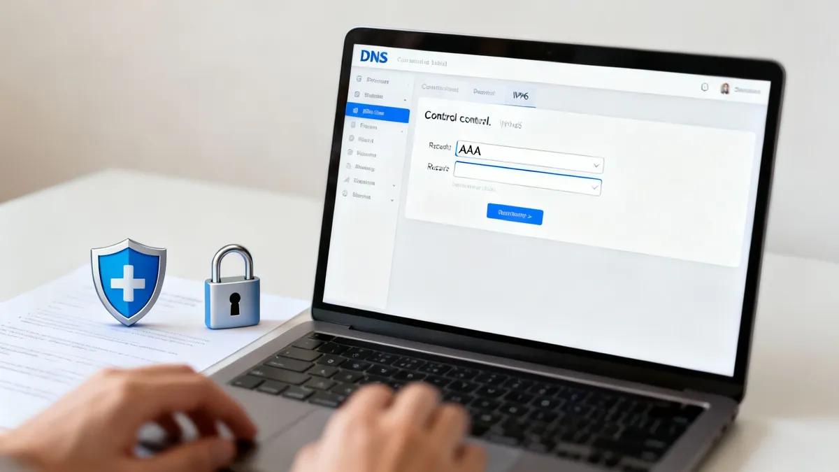 O persoană folosește un laptop cu panoul de control DNS, având setări IPv6, alături de un scut și un lacăt, simbolizând securitatea.