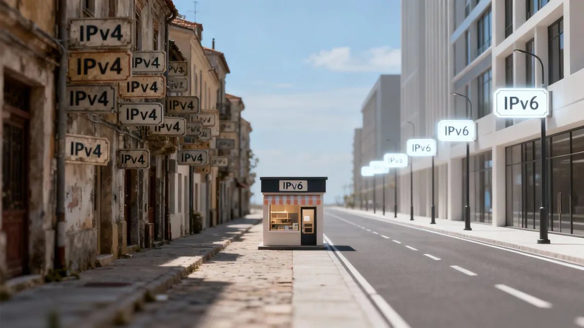 O stradă veche cu indicatoare IPv4 contrastează cu o stradă modernă IPv6, cu un magazin central simbolizând tranziția.