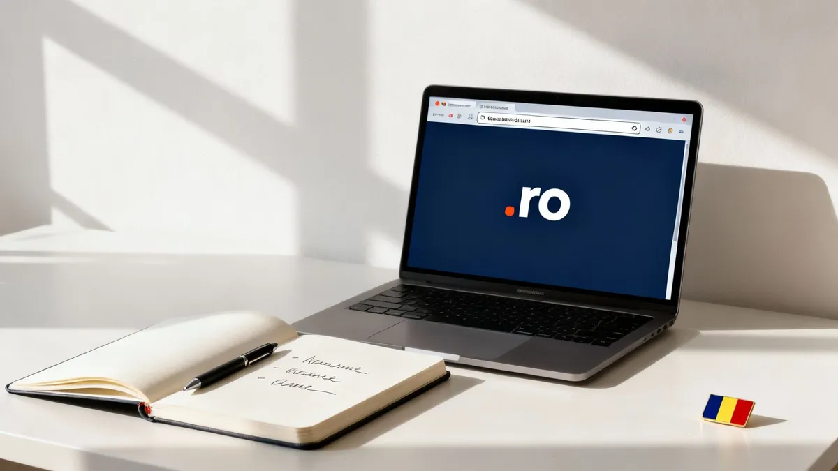 A person working on a laptop, symbolizing the process of choosing and checking a domain name.