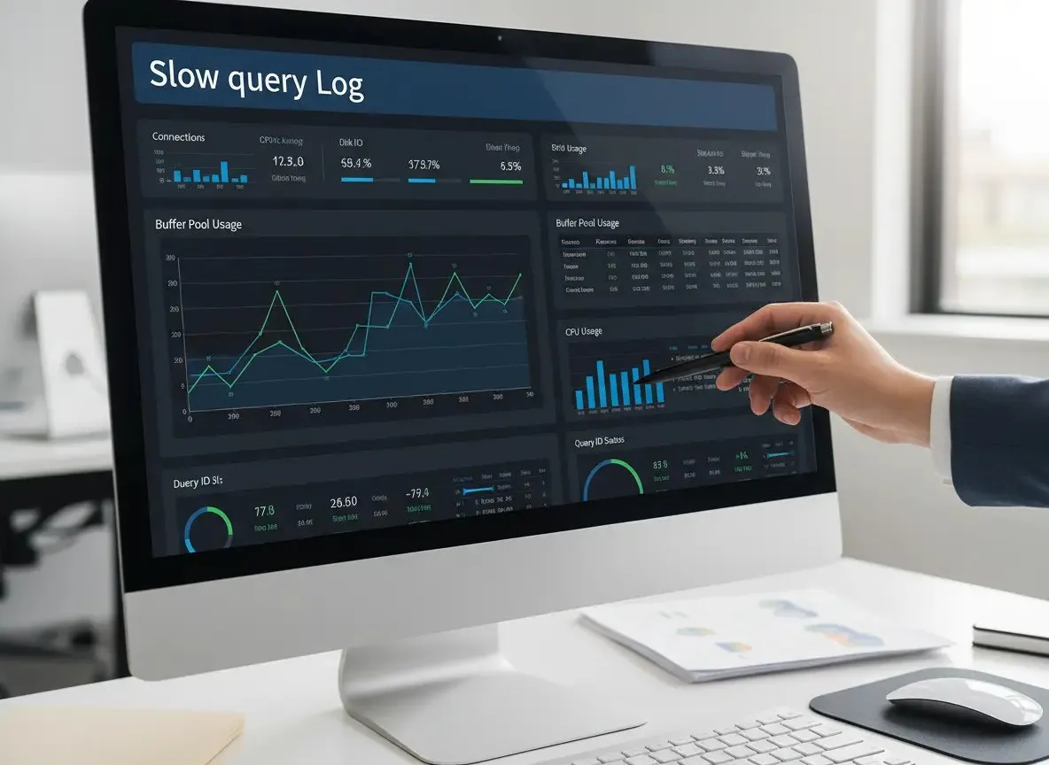 O mână indică un ecran de monitor cu un dashboard de loguri SQL, diagrame de performanță și grafice de utilizare a resurselor.