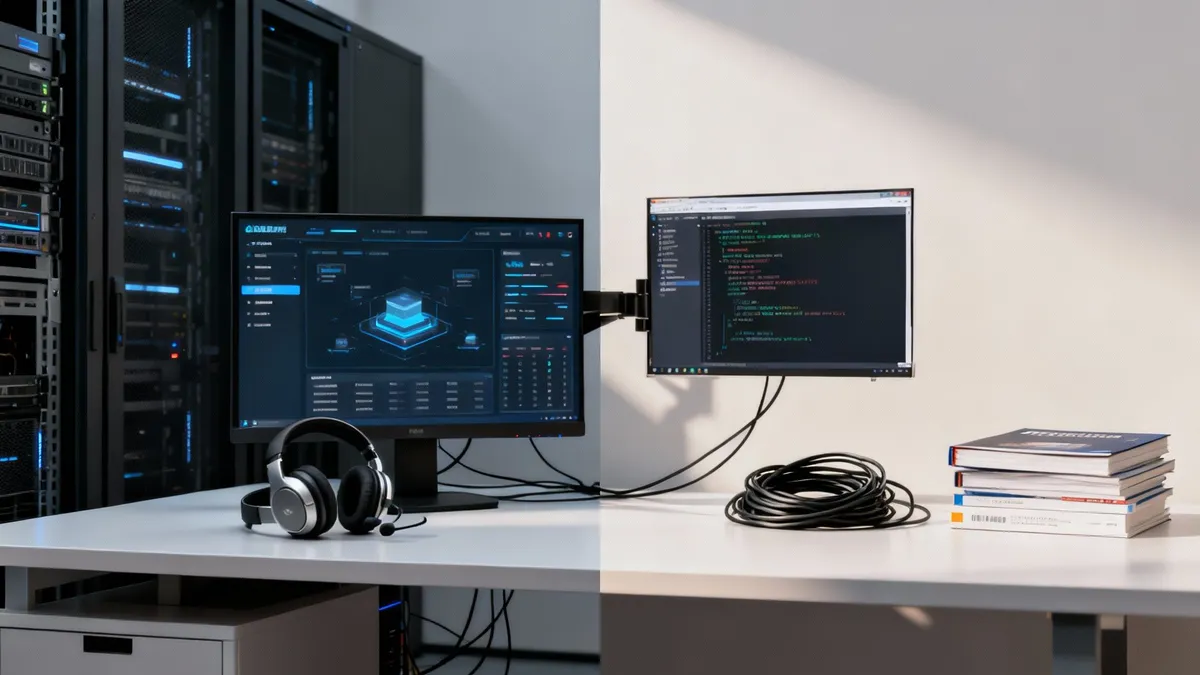 O cameră de servere modernă și un birou cu monitoare, căști și cărți, pentru un mediu de lucru IT.
