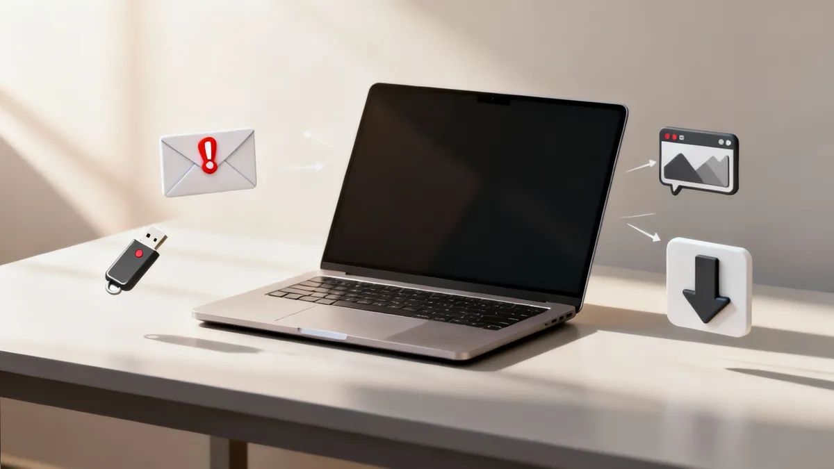 O persoană care lucrează la laptop, cu pictograme de securitate în jur.