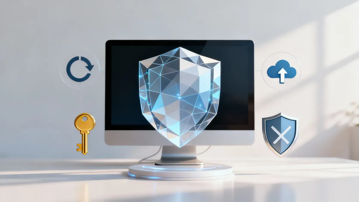 Un scut digital protejând un laptop, simbolizând securitatea cibernetică.