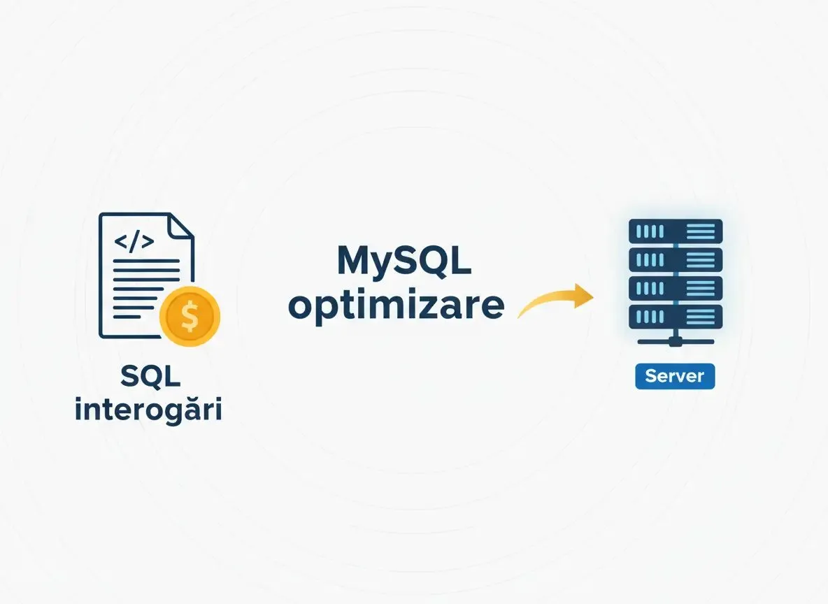 Ilustrație a procesului de optimizare a interogărilor SQL pentru o bază de date MySQL rulând pe un server.