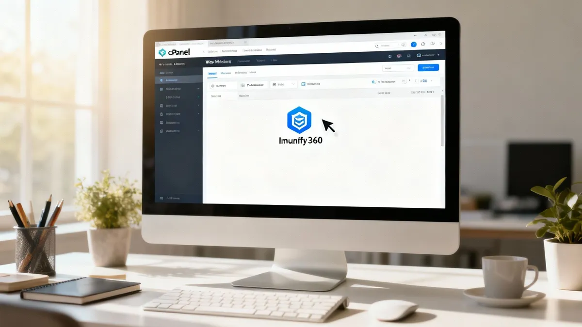 Ecran de computer afișând interfața cPanel cu logo-ul Imunify360, pe un birou luminos și modern.