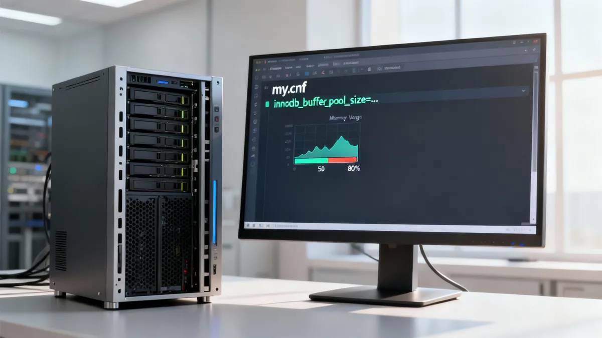 Server rack și monitor afișând optimizări MySQL pentru performanță într-un mediu IT.