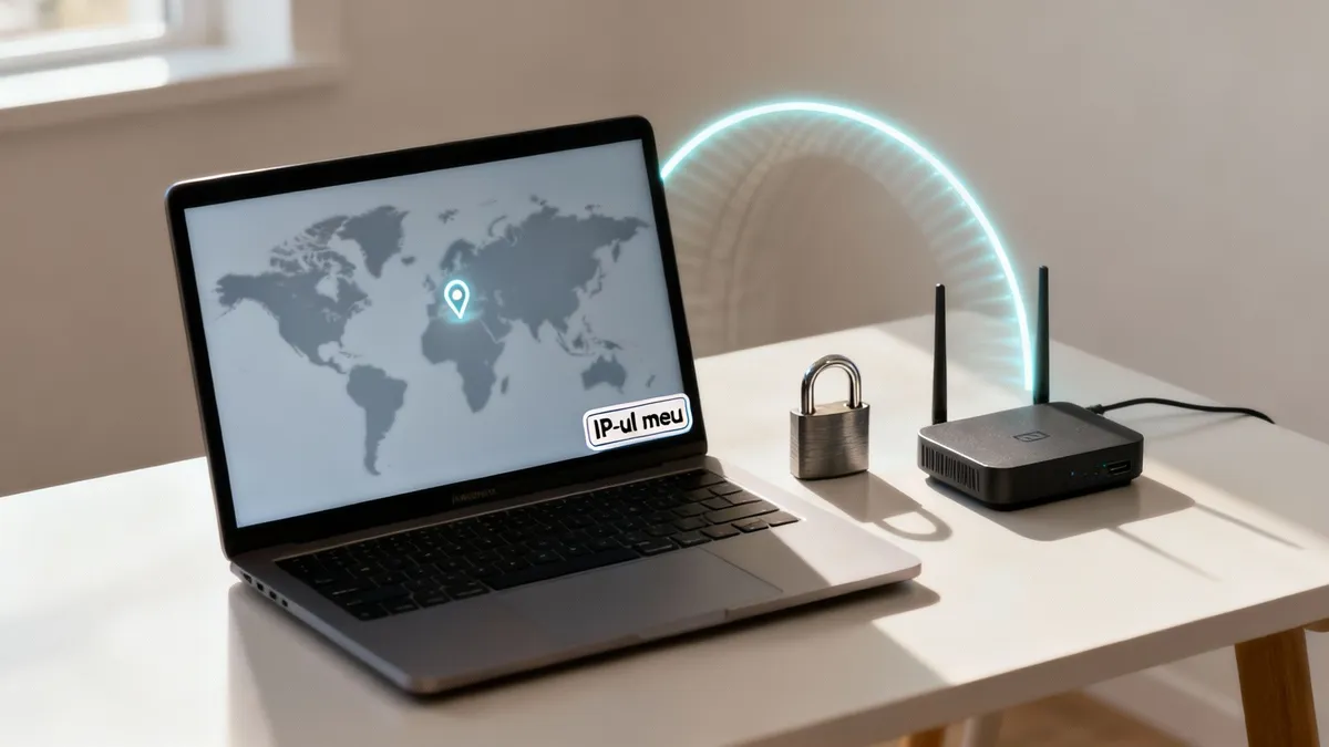 O ilustrație a unui scut protejând un laptop, simbolizând securitatea online și protecția adresei IP