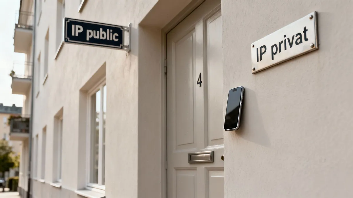 Diagramă care arată o adresă IP publică pentru rețeaua principală și adrese IP private pentru dispozitivele individuale conectate la aceasta.