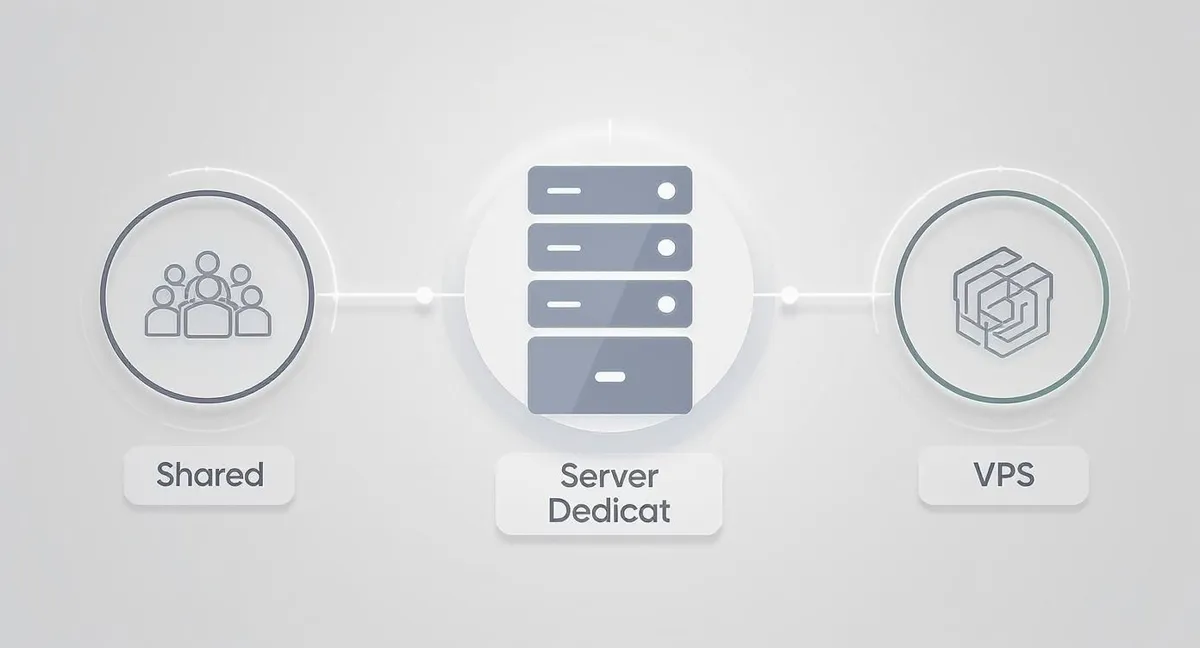 Imagine care compară tipurile de găzduire server: partajată, server dedicat și VPS.