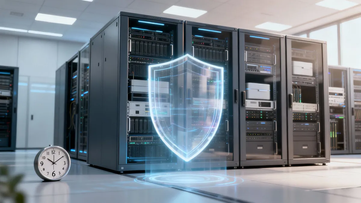 Săli de servere moderne cu echipamente IT, un scut de securitate digital și un ceas pe podea.
