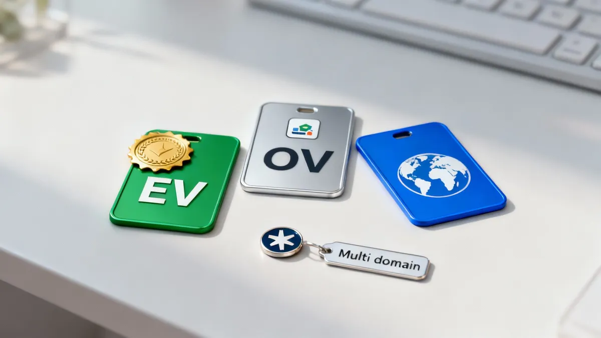 Patru badge-uri reprezentând diferite tipuri de certificate SSL: EV, OV, wildcard și multi-domeniu pe un birou alb