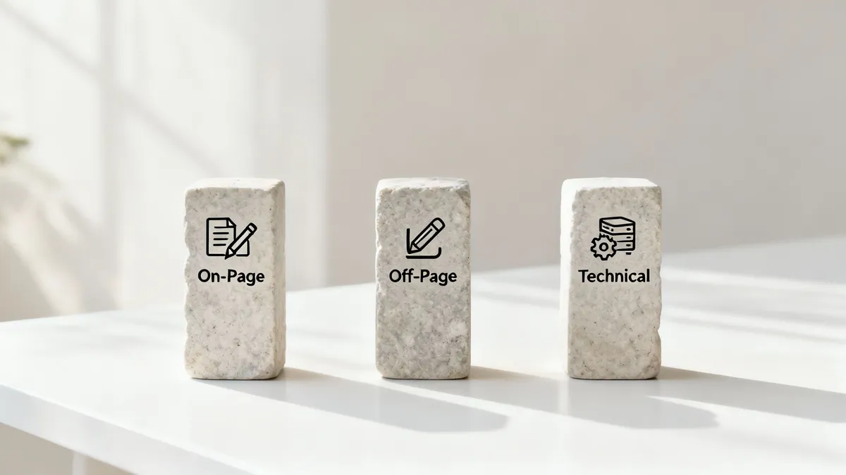 An image showing three pillars labeled "On-page SEO", "Off-page SEO", and "Technical SEO"
