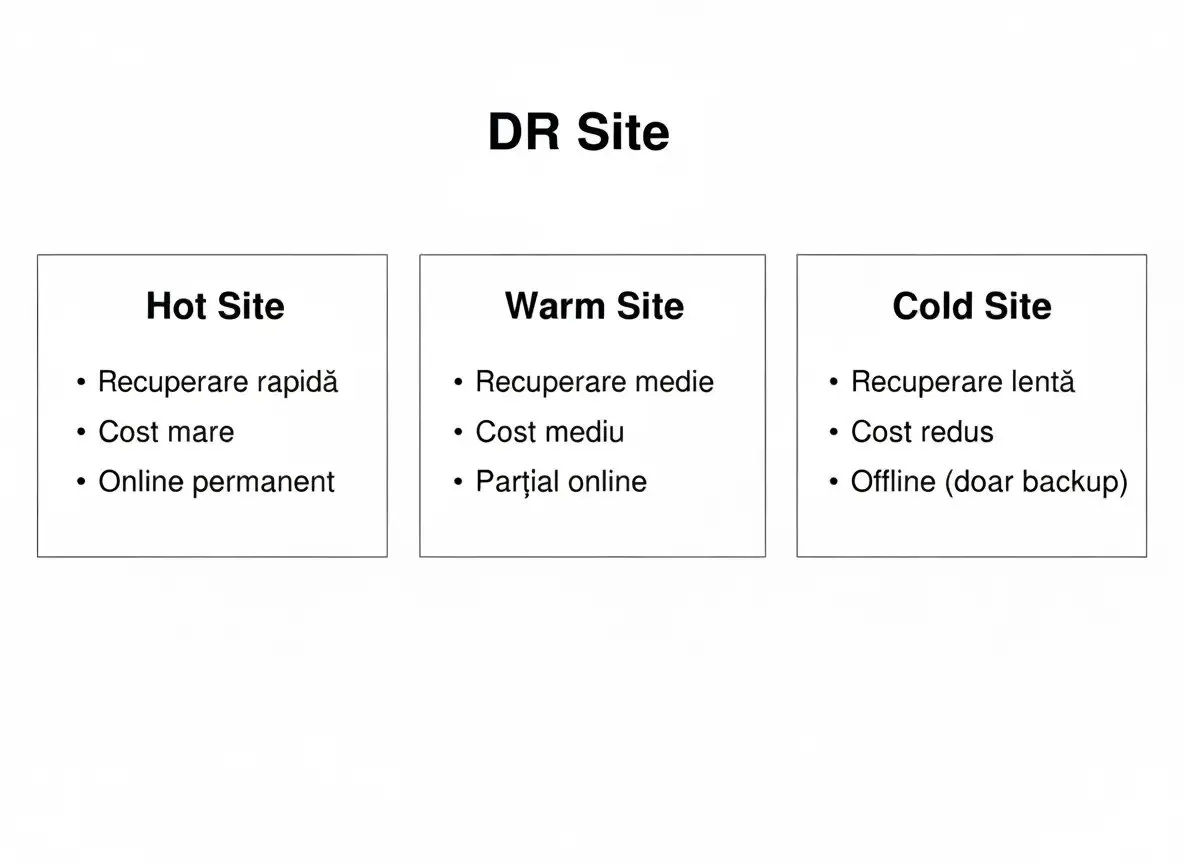 Diagrama prezintă tipurile de site-uri de recuperare în caz de dezastru: Hot, Warm și Cold, cu caracteristicile lor cheie.