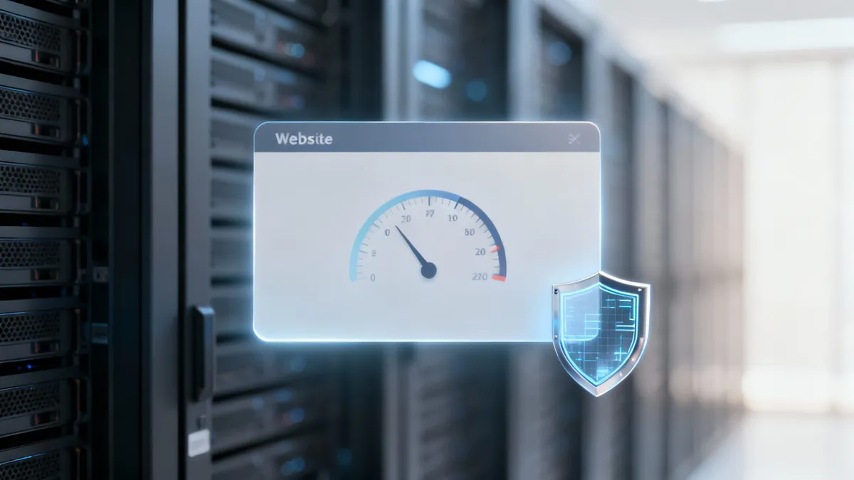 Panou de control pentru monitorizarea vitezei site-ului web cu simbol de securitate pe fundal de servere