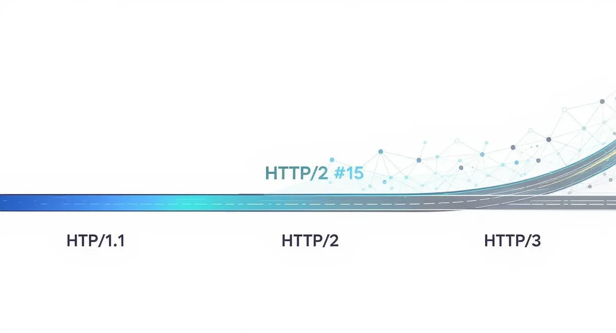 Progresia protocoalelor HTTP: de la HTTP/1.1 la HTTP/2 și HTTP/3, cu o vizualizare grafică a evoluției rețelei.